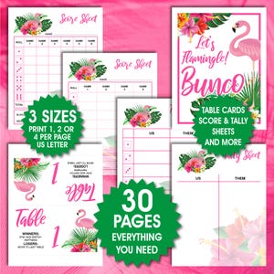 ¡A jugar flamencos! Paquete BUNCO: Tarjetas de puntuación, Hojas de conteo, Etiquetas para nombres, Tarjetas de mesa, Instrucciones y reglas, Bunco flamenco lindo, Bunco tropical