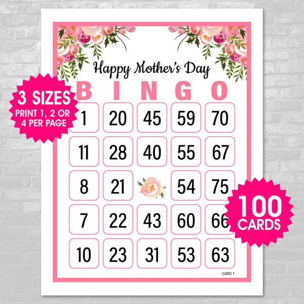 100 Happy Mother's Day Bingo Cards, 1, 2 or 4 Per Page, Mother's Day Party Game, Mother's Day Activity, Mother's Day Bingo for Kids