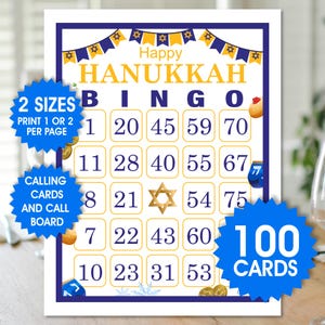 100 cartes de bingo de Hanoucca, 1 ou 2 par page, jeu de Hanoucca, bingo des fêtes, jeu de fête juive, téléchargement PDF, cartes de bingo de Hanoucca