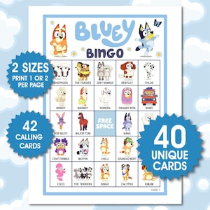 40 Bluey Bingo Karten, Bluey Geburtstag Party Spiel, Bluey Aktivität für Kinder, Bluey Geburtstag Bingo, Blauer Hund Fun Bingo, Bluey TV Serie Fun Spiel