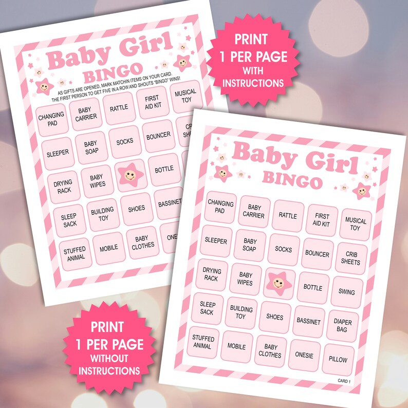 Baby Girl Bingo, 100 Unique Cards, Shower Game (PDF Files) - Etsy