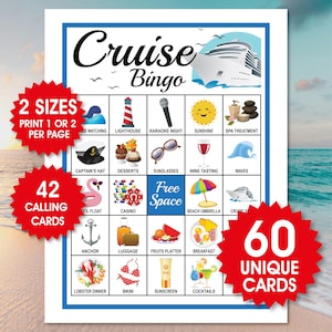 60 cartes de bingo-croisière, jeu de société Cruise, activité de voyage pour enfants et famille, jeu familial d'été sur la plage, bingo de vacances en croisière, jeu amusant sur la plage