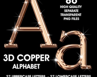 3D Copper Chrome Alphabet Clipart, High Shine PNG (Digital Download)