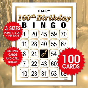 100 cartões de bingo de feliz aniversário de 100 anos, 1,2 ou 4 por página, jogo divertido de festa, atividade de aniversário, bingo de aniversário para adultos, arquivos PDF