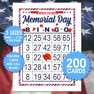200 tarjetas de bingo del Día de los Caídos, 1, 2 o 4 por página, juego del Día de los Caídos, bingo patriótico, juego de fiesta divertido, archivos PDF, bingo azul, rojo y blanco