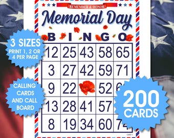 Memorial Day Bingo Game, Patriotic Party, 200 Bingo Cards, (PDF Files)