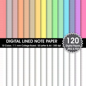 120 mehrfarbiges liniertes Notizpapier, digitale Planervorlagen, A4 & US Letter, pastellfarbenes Papier, College liniertes Papier, JPEG / PDF