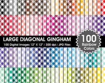 100 Rainbow Colors Gingham Digital Papers, Large Diagonal Seamless Patterns, JPEG Files