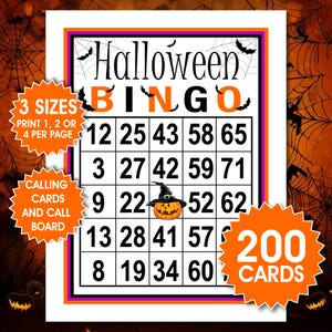 May include: Halloween Bingo game card with a black and orange design. The card features a grid of numbers, a pumpkin wearing a witch hat, and the words "Halloween Bingo". Includes 200 cards and 3 sizes.