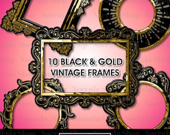 10 Black and Gold Vintage Frames Clip Art, Black and Gold Frames, Large Frames, Frames PNG Clipart, Ornamental Frames, Digital download