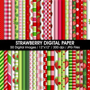 50 Strawberry Digital Paper, Strawberry Theme Party, Pink Green wallpaper, Strawberry Background, Printable Seamless Patterns