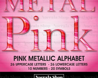 Imágenes prediseñadas de alfabeto metálico rosa, letras cromadas (descarga digital PNG)