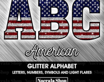 Imágenes prediseñadas del alfabeto americano con purpurina, letras patrióticas (descarga digital PNG)