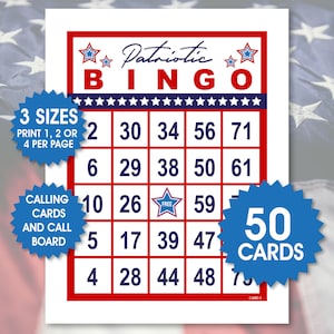 50 tarjetas de bingo patrióticas (1, 2 o 4 por página), juego del 4 de julio, bingo del Día de la Independencia, divertido juego de fiesta, descarga en PDF, bingo azul y rojo