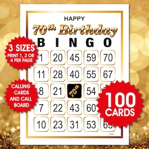 70th Birthday Bingo, 100 Cards, Fun Party Game (PDF Files)