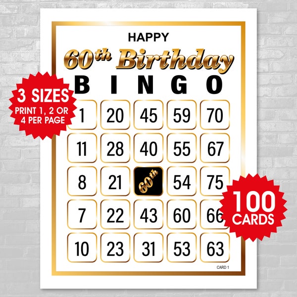 100 Happy 60th Birthday Bingo Cards, 1, 2 or 4 Per Page, Fun Party Game, Birthday Activity, Birthday Bingo for Adults, PDF Files