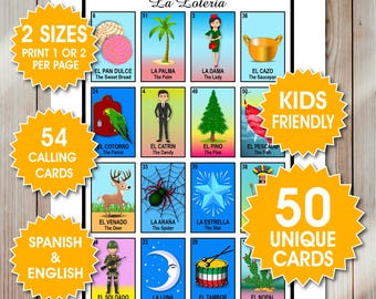 50 barnvänliga mexikanska lotterikort, tvåspråkigt bingospel på spanska och engelska, Fiesta Bingo för familjen, PDF-filer