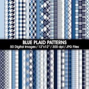 Könnte beinhalten: Eine Sammlung von 50 digitalen Bildern mit verschiedenen blauen Karomustern, darunter Hahnentritt, Vichy und Schottenkaro. Der Text lautet BLUE PLAID PATTERNS, 50 Digital Images / 30,48cm x 30,48cm / 300 dpi / JPG Files, in einem Raster.