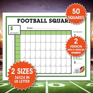 Football Squares Board, 50 Squares, Family Game Night (PDF Download)