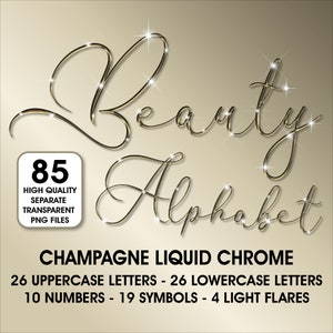 Imágenes prediseñadas del alfabeto cursivo de cromo champán, imágenes prediseñadas PNG, letras cursivas cromadas de champán, alfabeto de alto brillo, alfabeto glam, caligrafía