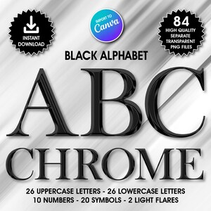 Zwart chroom alfabet clipart, hoogglans png-letters (digitale download)