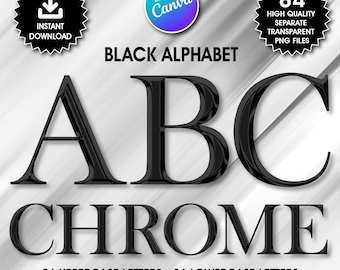 Alfabeto in nero cromato, lettere PNG lucide (download digitale)