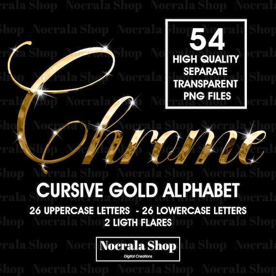 Gold Chrome Cursive Alphabet Clipart, PNG Clip Art, Gold Chrome Cursive Letters, High Shine Digital Alphabet, Glam Alphabet, Handwritten