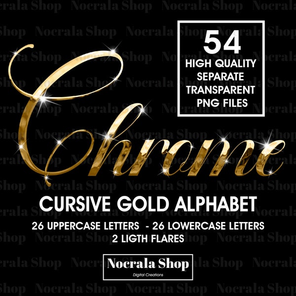 Gold Chrome Cursive Alphabet Clipart, PNG Clip Art, Gold Chrome Cursive Letters, High Shine Digital Alphabet, Glam Alphabet, Manuscrit