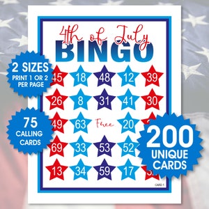 200 4. Juli Bingokarten, 1 oder 2 pro Seite, lustiges Partyspiel, Aktivität am 4. Juli, Vaterländisches Bingo, 1-75 Bingo, PDF-Dateien