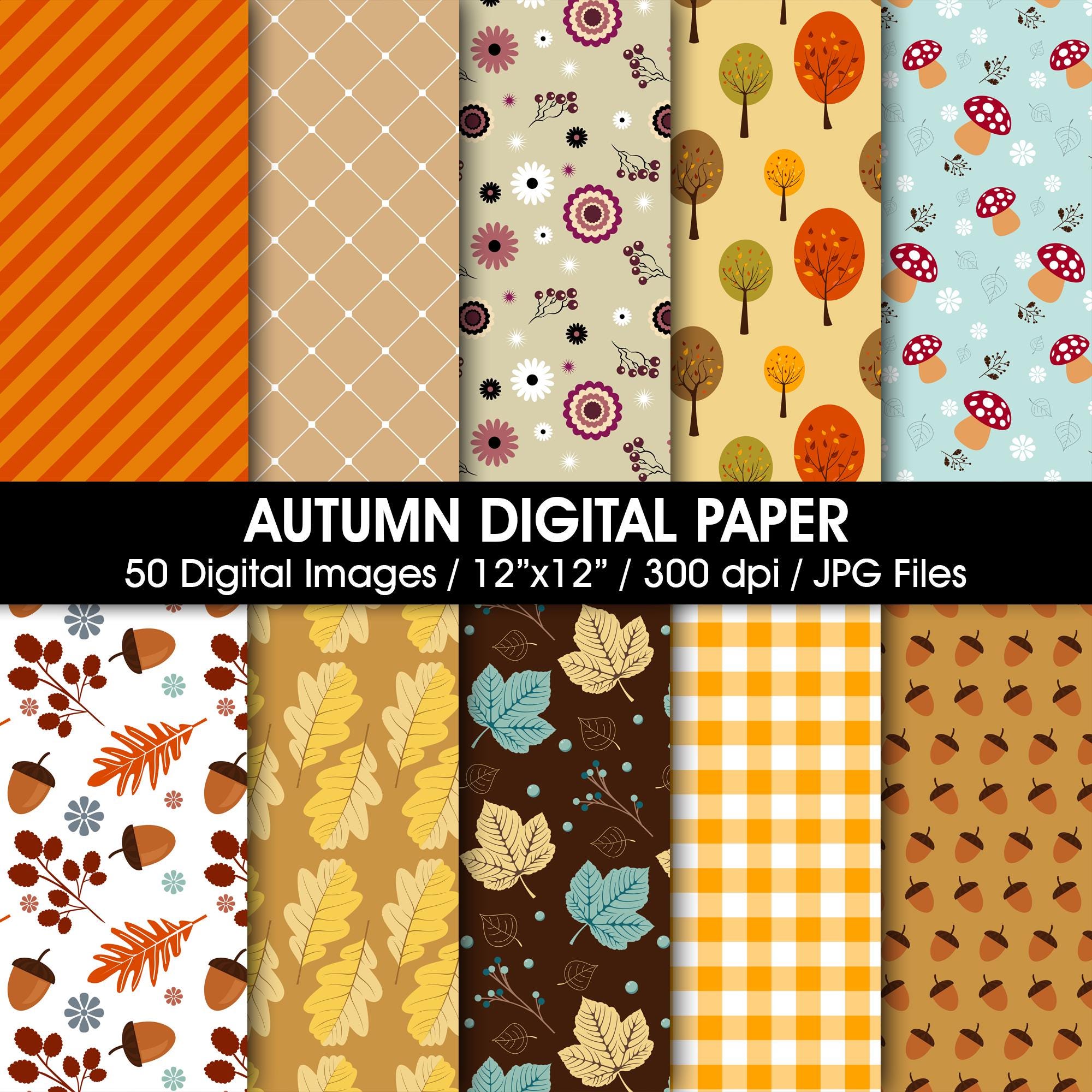 Autumn Seamless Pattern Digital Paper, Scrapbook Paper (50 JPEG Files ...