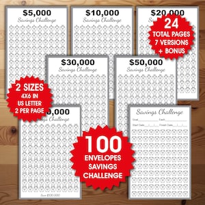 May include: A set of black and white savings challenge printables. The printables feature challenges for £5,000, £10,000, £20,000, £30,000, £50,000, and £100,000. The image also includes a red starburst graphic that says "2 sizes, 10x15 cm, US Letter, 2 per page".