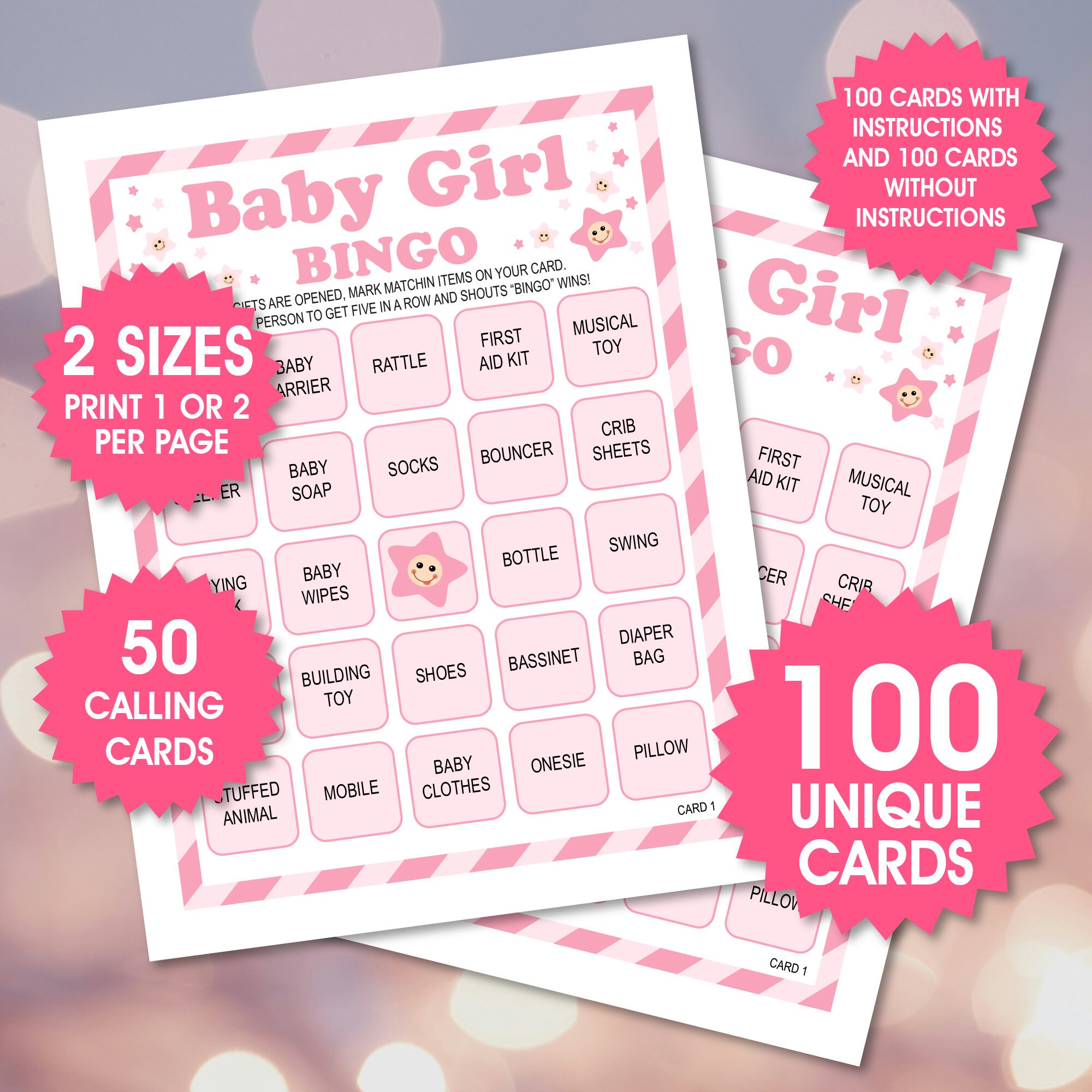 Baby Girl Bingo, 100 Unique Cards, Shower Game (PDF Files) - Etsy