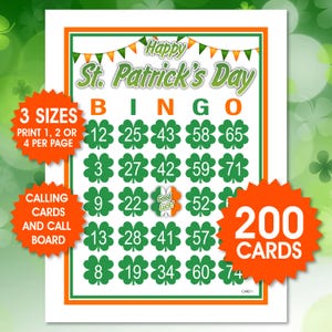 200 tarjetas de bingo del Día de San Patricio, 1, 2 o 4 por página, actividad del Día de San Patricio, juego divertido para fiestas de San Patricio, juego de San Patricio, bingo irlandés