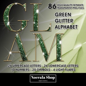 Groene Glitter Glam Alfabet Clipart, PNG ClipArt, Bling Alfabet, Sprankelende Goudfolie Letters, Hoogglans Alfabet, Luxe Alfabet