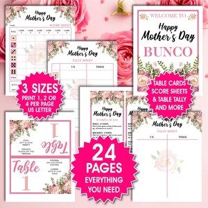 Op de afbeelding: Een set afdrukbare Moederdag Bunco-spelbladen. De bladen bevatten scorekaarten, tafelkaarten en tally-bladen. Het ontwerp heeft bloemaccenten en de tekst "Happy Mother's Day". De set bevat 24 pagina's en is verkrijgbaar in 3 formaten.