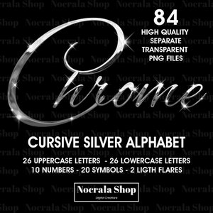 Silver Chrome Cursive Alphabet Clipart, PNG Clip Art, Silver Chrome Cursive Letters, High Shine Digital Alphabet, Glam Alphabet, Calligraphie