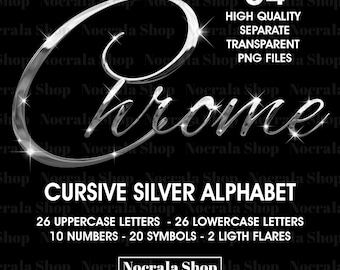 Silver Chrome Cursive Alphabet Clipart, PNG Clip Art, Silver Chrome Cursive Letters, High Shine Digital Alphabet, Glam Alphabet, Calligraphy