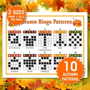 Może przedstawiać: Biała kartka z dziesięcioma wzorami bingo o tematyce jesiennej. Każdy wzór ma unikalny układ czarnych kół w siatce. Tekst zawiera "Autumn Bingo Patterns", "2 Sizes" i "10 Autumn Patterns".