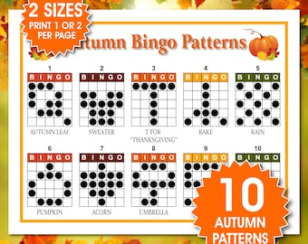 May include: A white sheet with ten autumn-themed bingo patterns. Each pattern has a unique arrangement of black circles within a grid. Text includes "Autumn Bingo Patterns", "2 Sizes", and "10 Autumn Patterns".