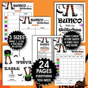 Lot Halloween Bunco, Bunco avec mes sorcières, Cartes de pointage, Feuilles de pointage, Porte-noms, Cartes de table, Bunco d&#39;octobre, Jeu de fête d&#39;Halloween