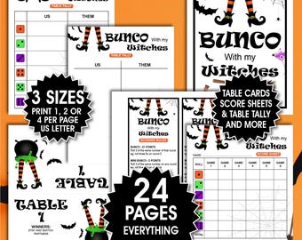 May include: A Halloween-themed Bunco game set with score sheets, table cards, and tally sheets. The design features witch legs, bats, and pumpkins. The set includes 24 pages and is available in 3 sizes for US Letter paper.