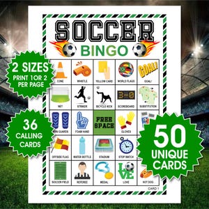 50 Soccer Bingo Cards, Kids Party Game (PDF Downloadable)