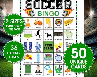 50 Soccer Bingo Cards, Kids Party Game (PDF Downloadable)