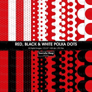 Papier numérique Red Polka Dot, petits et gros pois, points de couleur blanc rouge et noir, papiers de scrapbooking, téléchargement instantané