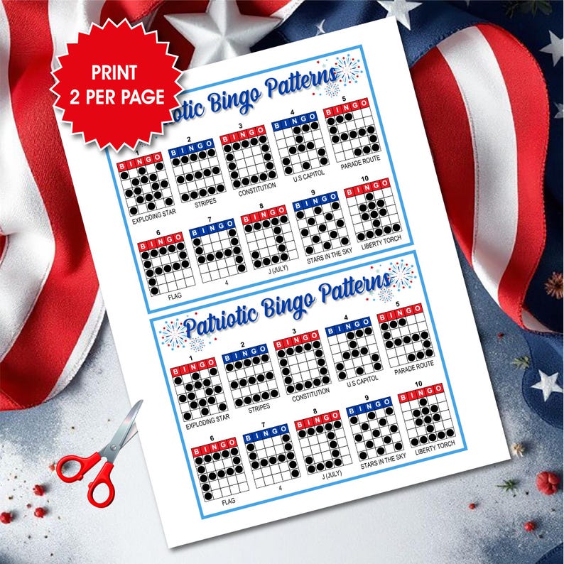 Exploding Star Bingo Pattern 10 Patriotic Bingo Patterns, Printable Bingo Tournament, 4th of July ...