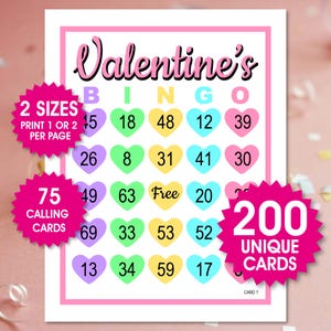 200 tarjetas de bingo de corazones de San Valentín, 1 o 2 por página, divertido juego de fiesta, actividad de San Valentín, bingo del día de San Valentín, bingo del 1 al 75, archivos PDF