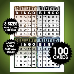 100 cartones de bingo militar, bingo patriótico, juego del 4 de julio, bingo del Día de la Independencia, juego de fiesta divertido, PDF, bingo del Día de los Caídos, bingo americano