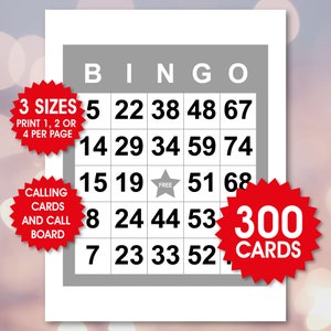 300 klassieke bingokaarten, 1, 2 of 4 per pagina, leuk gezelschapsspel, activiteit in de klas, afdrukbaar bingospel voor kinderen, seniorenbingo, pdf-download