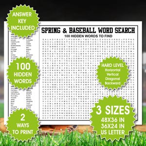 Giant Spring Baseball Word Search Poster, Party Game (Digital Download)