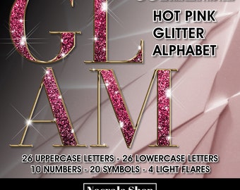 Può includere: Un set di 86 lettere, numeri e simboli dell'alfabeto in glitter rosa acceso. Le lettere sono contornate d'oro e hanno una texture scintillante e glitterata. Le lettere sono disposte nella parola "GLAM".